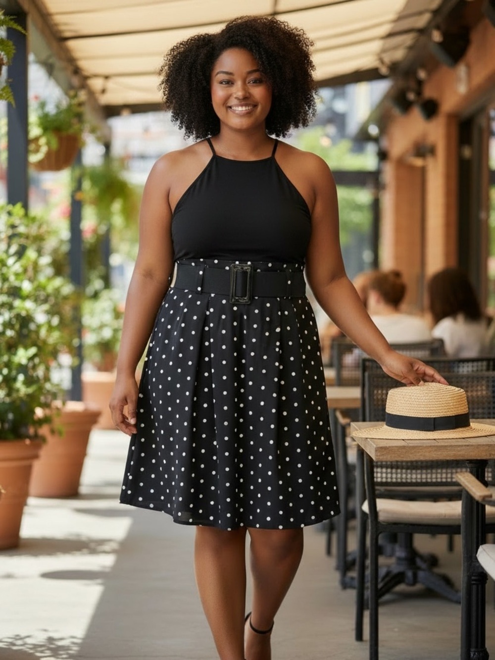 Worthington Classic Black Polka Dot A-Line Skirt with Wide Elastic Belt Size 16